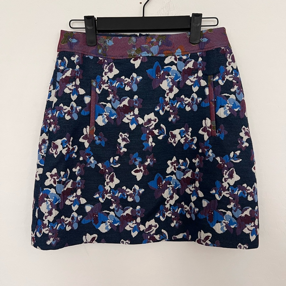 Maeve Anthropologie Skirt Womens US 0 Floral Mini Textured Navy Purple Zip Line